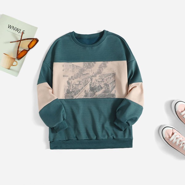 

Plus Train Print Drop Shoulder Sweatshirt, Multicolor