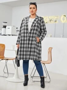 SHEIN Essnce Plus Tartan Slant Pockets Single Breasted Lapel Neck Blazer - Black and White - View 5