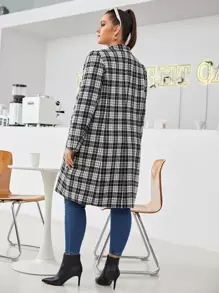 SHEIN Essnce Plus Tartan Slant Pockets Single Breasted Lapel Neck Blazer - Black and White - View 2