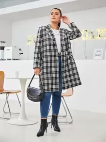 SHEIN Essnce Plus Tartan Slant Pockets Single Breasted Lapel Neck Blazer - Black and White - View 4
