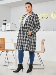 SHEIN Essnce Plus Tartan Slant Pockets Single Breasted Lapel Neck Blazer - Black and White - View 3