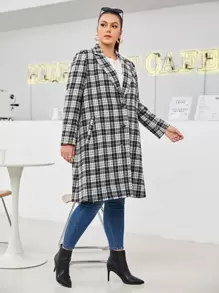 SHEIN Essnce Plus Tartan Slant Pockets Single Breasted Lapel Neck Blazer - Black and White - View 1