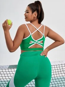 大碼中度支撐撞色滾邊後背十字交叉運動型胸罩 - 綠色 - 查看 2