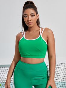 大碼中度支撐撞色滾邊後背十字交叉運動型胸罩 - 綠色 - 查看 4