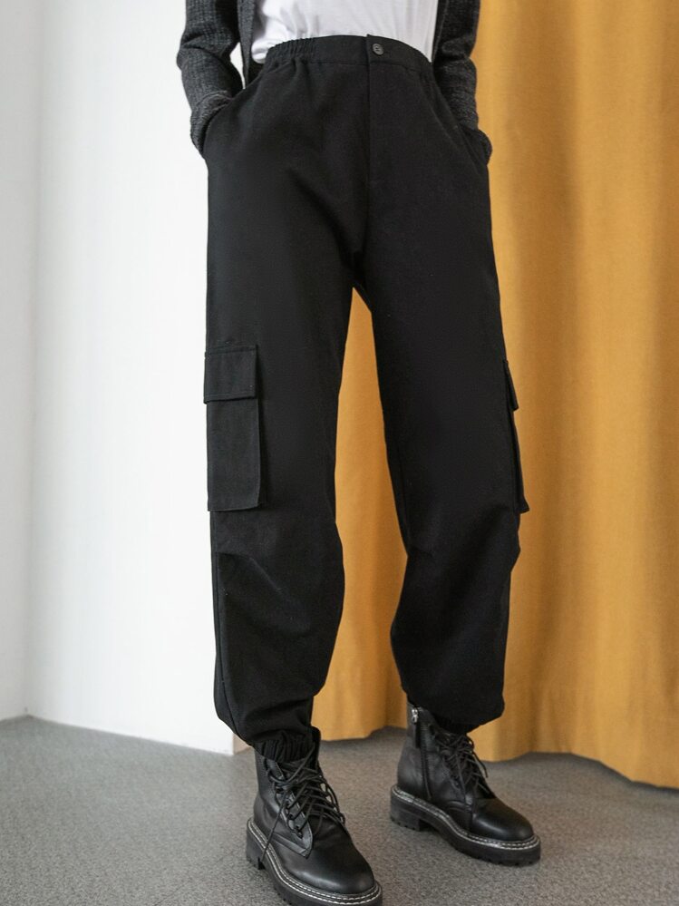 DAZY 纯色斜口袋工装裤 秋季 - 黑色 - 查看 4
