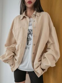 Camisa de pana con bolsillo y hombros caídos, manga larga para invierno - Albaricoque - Ver 1