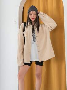 Camisa de pana con bolsillo y hombros caídos, manga larga para invierno - Albaricoque - Ver 4