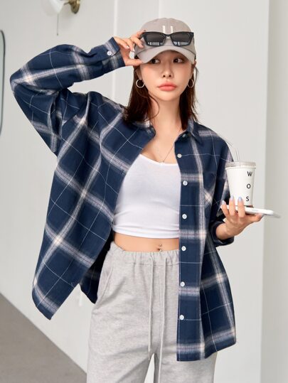 DAZY Plaid Drop Shoulder Blouse,Long Sleeve Tops,Fall Clothes,Flannels Women