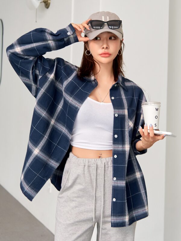 DAZY Plaid Drop Shoulder Blouse,Long Sleeve Tops,Fall Clothes,Flannels Women