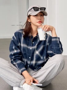 DAZY 格子落肩衬衫、长袖上衣、秋装、法兰绒女装