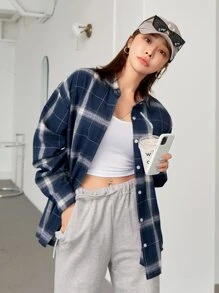 DAZY 格子落肩衬衫、长袖上衣、秋装、法兰绒女装