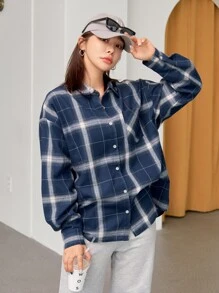 DAZY 格子落肩衬衫、长袖上衣、秋装、法兰绒女装