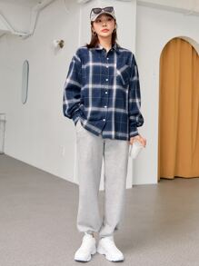 DAZY 格子落肩衬衫、长袖上衣、秋装、法兰绒女装