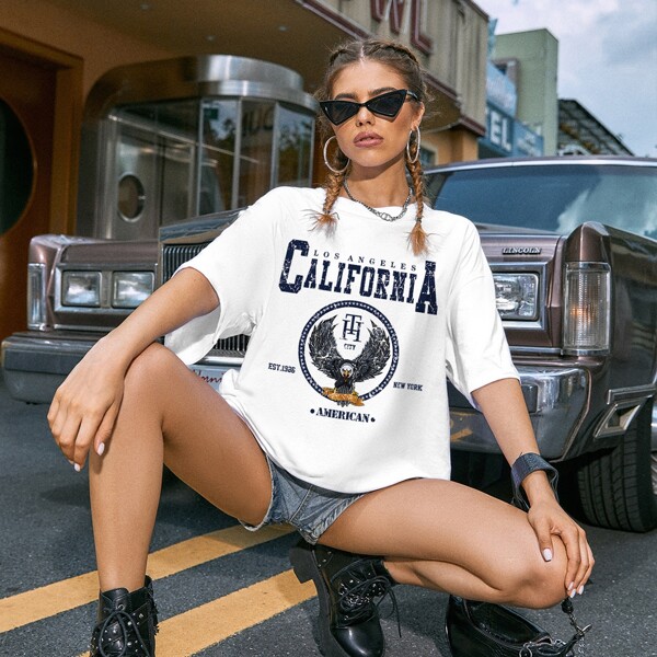 

Letter And Eagle Print Drop Shoulder Oversized Tee, White
