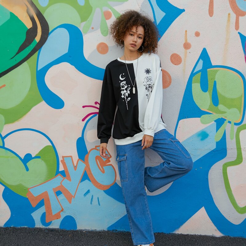 

Sun & Moon Floral Graphic Colorblock Sweatshirt, Black and white
