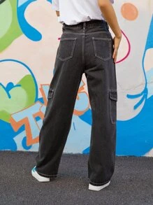 ROMWE Street Life Jeans ribete con puntada con bolsillo - Negro - Ver 2