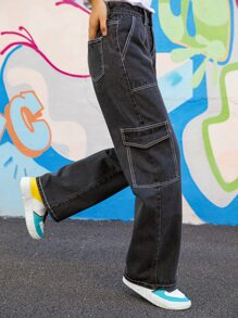 ROMWE Street Life Jeans ribete con puntada con bolsillo - Negro - Ver 3