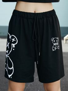 ROMWE Street Life Quần short Dây kéo Thắt nơ trước Hoạt hình Giải trí - màu đen - Xem 1