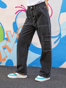 ROMWE Street Life Jeans ribete con puntada con bolsillo - Negro - Ver 4