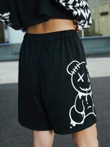 ROMWE Street Life Quần short Dây kéo Thắt nơ trước Hoạt hình Giải trí - màu đen - Xem 2