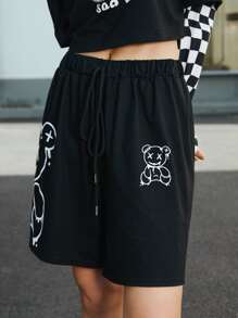 ROMWE Street Life Quần short Dây kéo Thắt nơ trước Hoạt hình Giải trí - màu đen - Xem 3