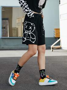 ROMWE Street Life Quần short Dây kéo Thắt nơ trước Hoạt hình Giải trí - màu đen - Xem 4