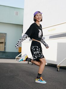 ROMWE Street Life Quần short Dây kéo Thắt nơ trước Hoạt hình Giải trí - màu đen - Xem 5