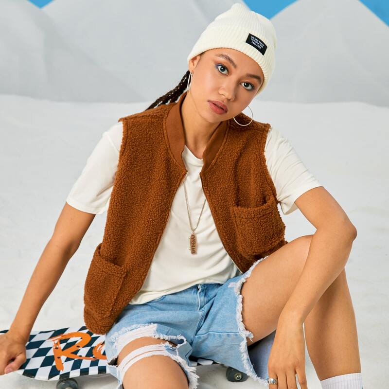 

Solid Sleeveless Zip Up Jacket, Brown