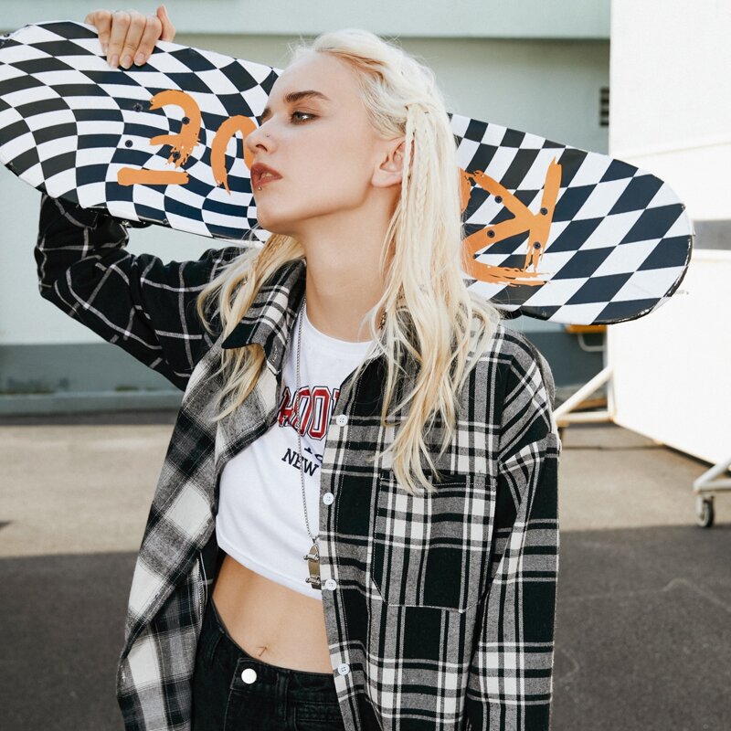 

Plaid Button Front Blouse, Black and white