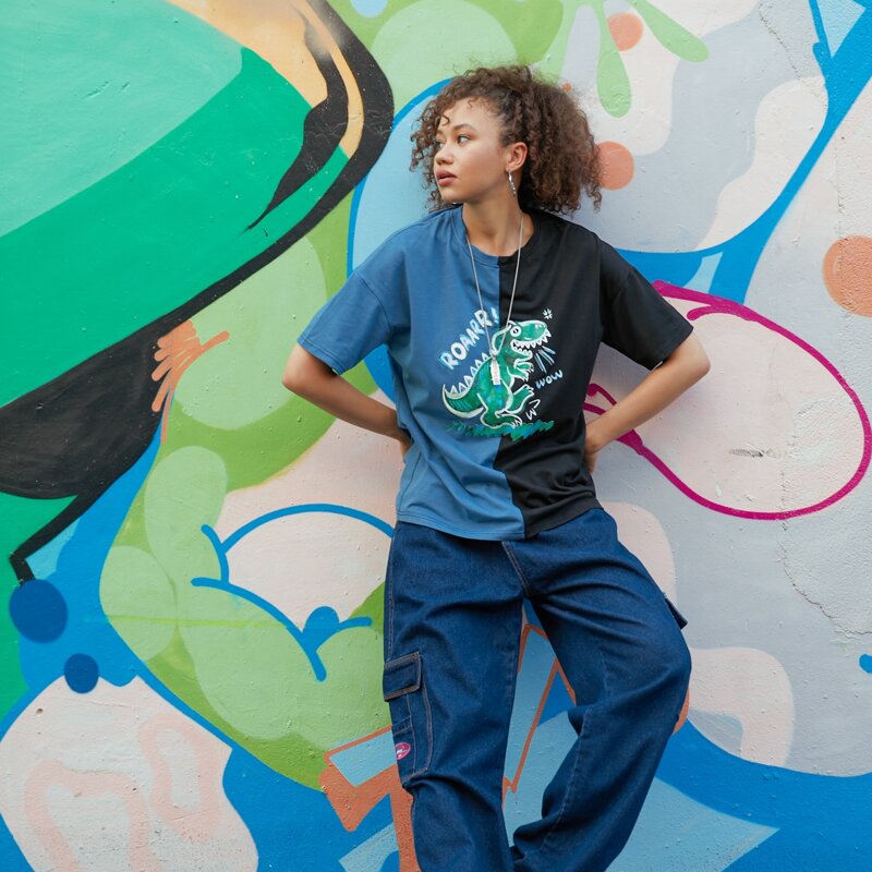 

Letter Cartoon Dinosaur Graphic Colorblock Tee, Multicolor