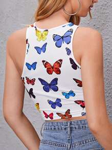 SHEIN Butterfly Print Asymmetrical Neck Crop Top - Multicolor - View 2