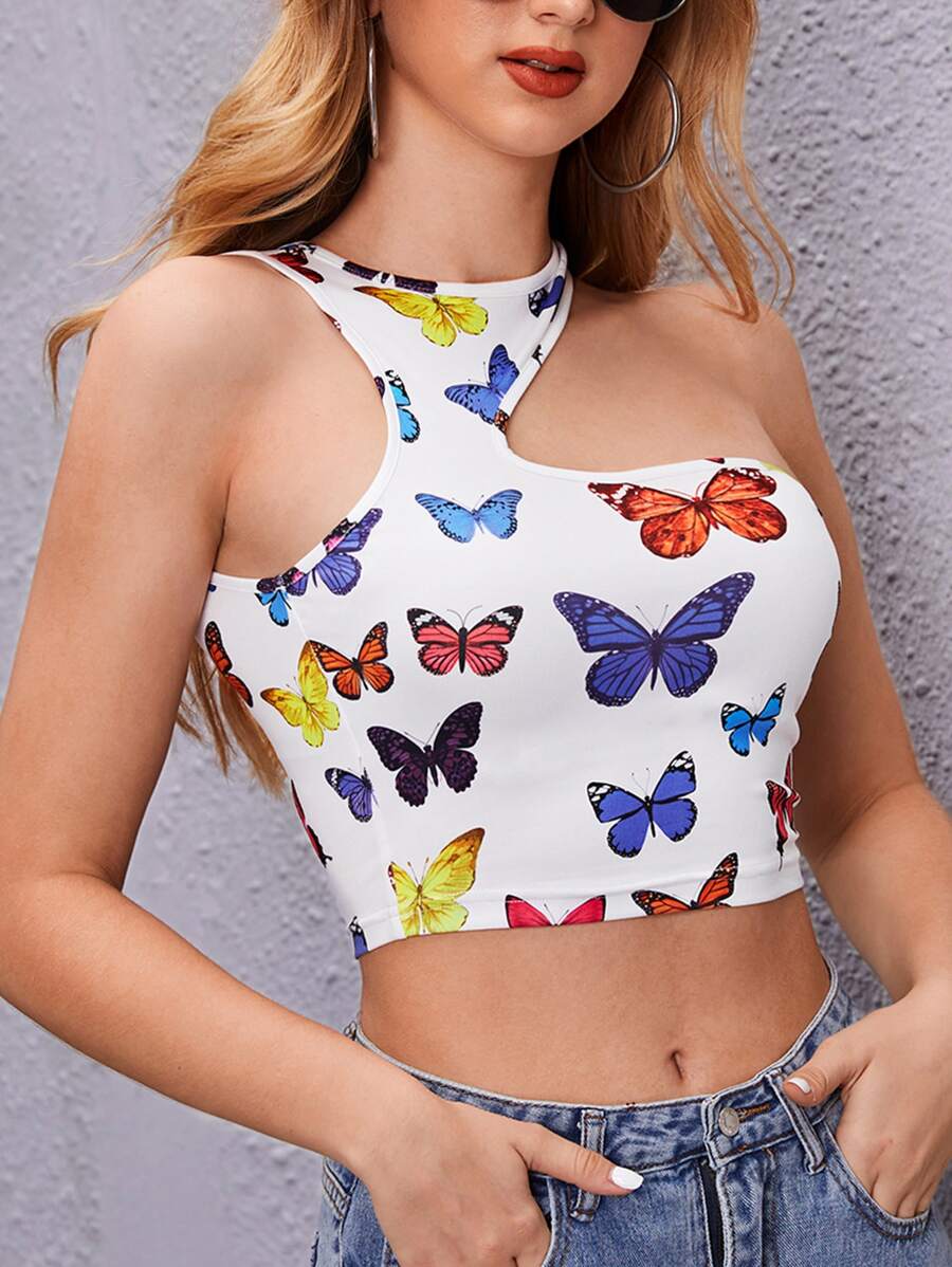 SHEIN Butterfly Print Asymmetrical Neck Crop Top - Multicolor - View 1