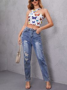 SHEIN Butterfly Print Asymmetrical Neck Crop Top - Multicolor - View 5