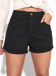 高腰捲邊下擺牛仔短褲 - 黑色 - 查看 1