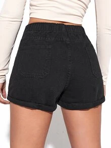 高腰捲邊下擺牛仔短褲 - 黑色 - 查看 2