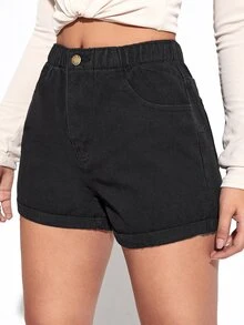 高腰捲邊下擺牛仔短褲 - 黑色 - 查看 3