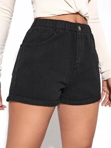 高腰捲邊下擺牛仔短褲 - 黑色 - 查看 4