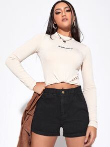 高腰捲邊下擺牛仔短褲 - 黑色 - 查看 5