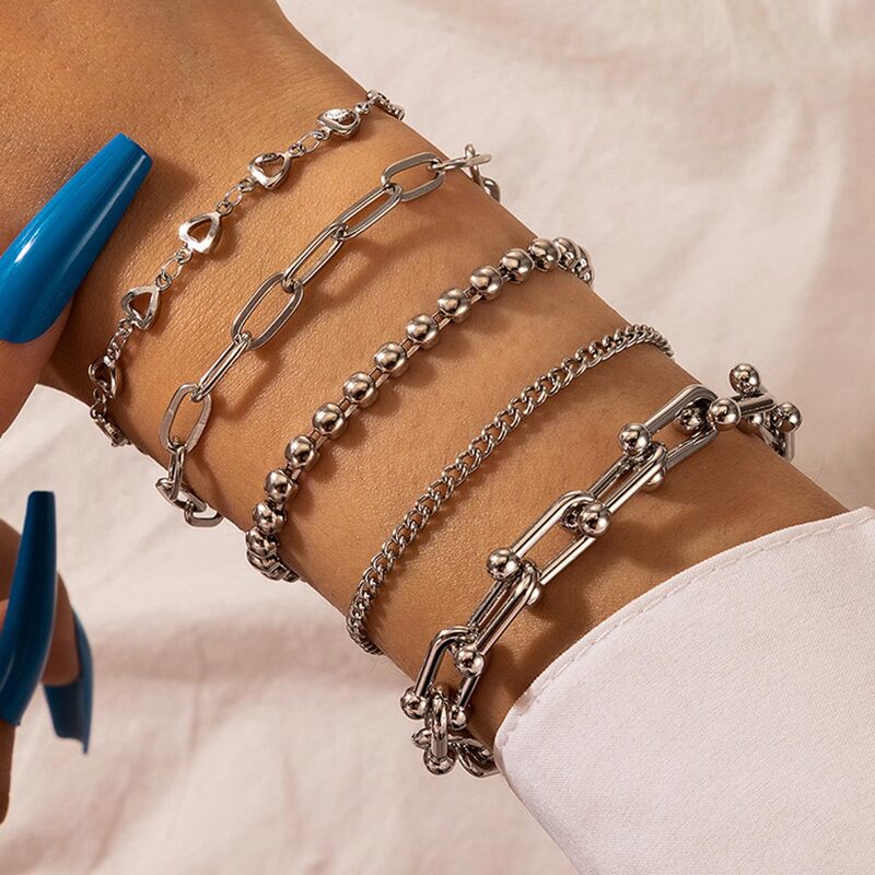 

5pcs Chain Design Bracelet, Silver