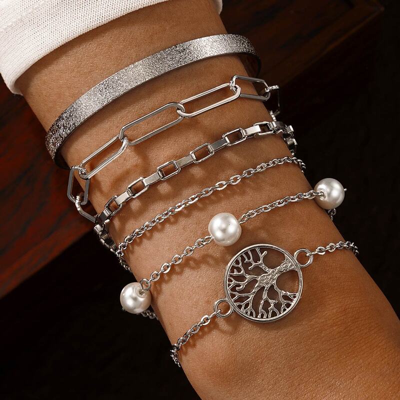 

6pcs Faux Pearl Decor Bracelet, Silver
