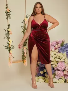 SHEIN Belle Plus Plunge Neck Wrap Hem Cami Dress - Burgundy - View 1