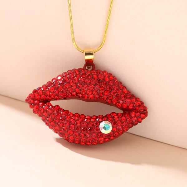 

Rhinestone Lips Charm Necklace, Red