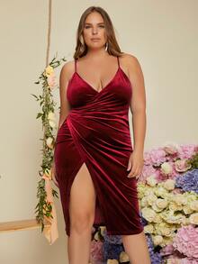 SHEIN Belle Plus Plunge Neck Wrap Hem Cami Dress - Burgundy - View 5