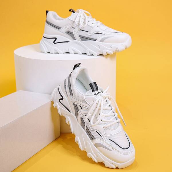 

Lace Up Front Mesh Panel Chunky Sneakers, Light grey