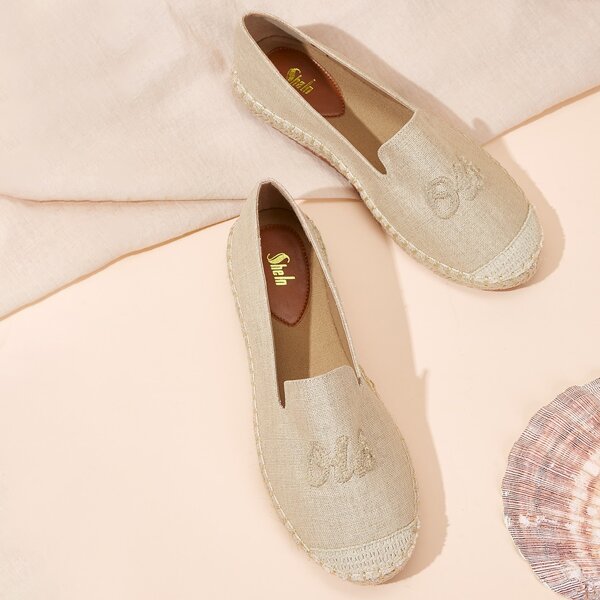 

Two Tone Letter Embroidered Espadrille Flats, Apricot