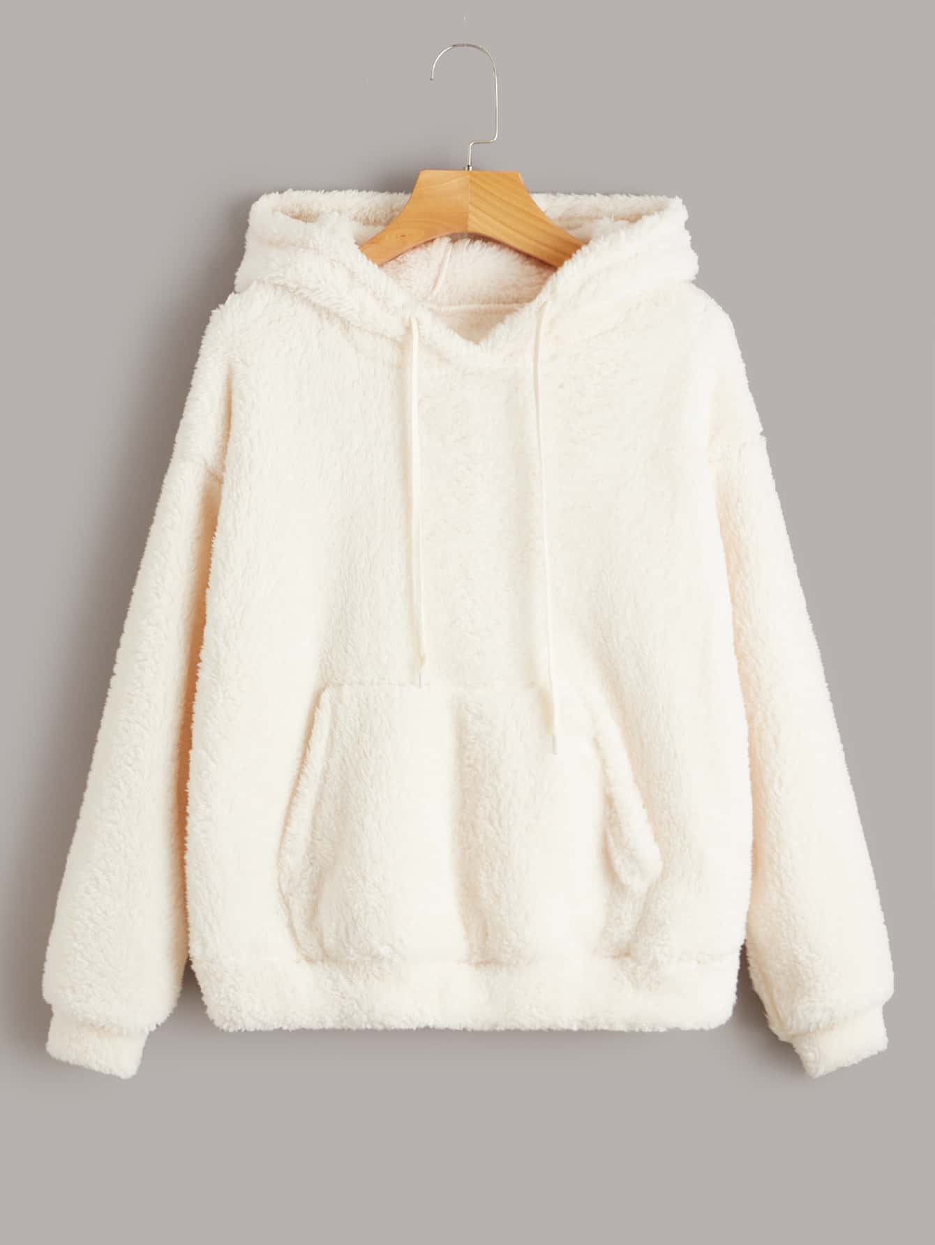 SHEIN EZwear Drop Shoulder Kangaroo Pocket Drawstring Flannel Hoodie - Beige - View 1