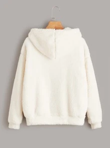 SHEIN EZwear Drop Shoulder Kangaroo Pocket Drawstring Flannel Hoodie - Beige - View 2