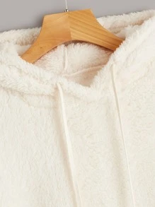 SHEIN EZwear Drop Shoulder Kangaroo Pocket Drawstring Flannel Hoodie - Beige - View 4