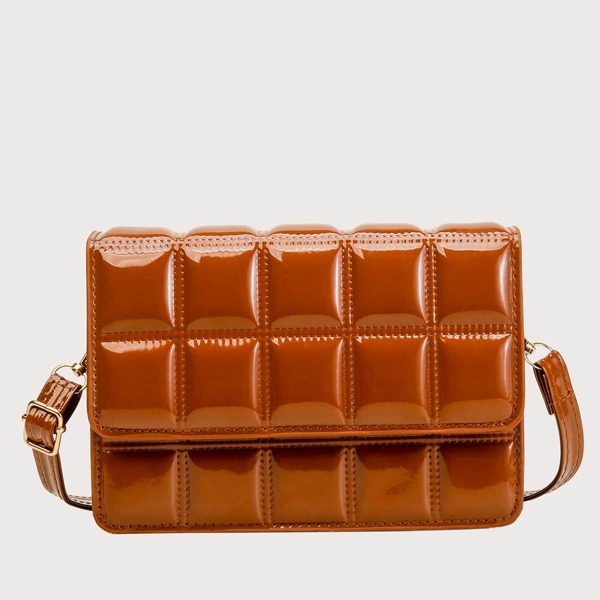 

Textured Snap Button Flap Crossbody Bag, Brown