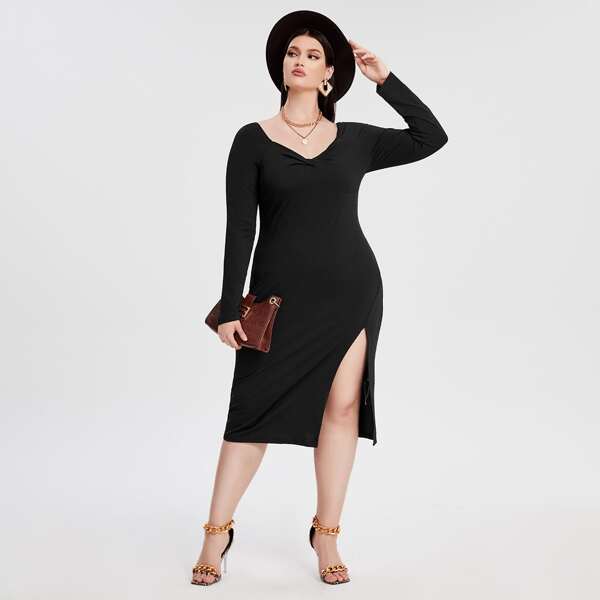 

Plus Solid Twist Front Split Thigh Dress, Black